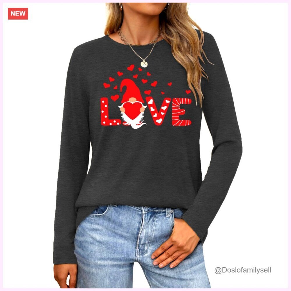 Long Sleeve T-Shirt Love Heart Print Casual Tee Top Valentine's Day Gift